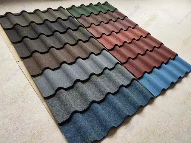 Stone-coated roof tiles with zinc-aluminum core and granulated surface - available in granite, forest green, and coffee brown